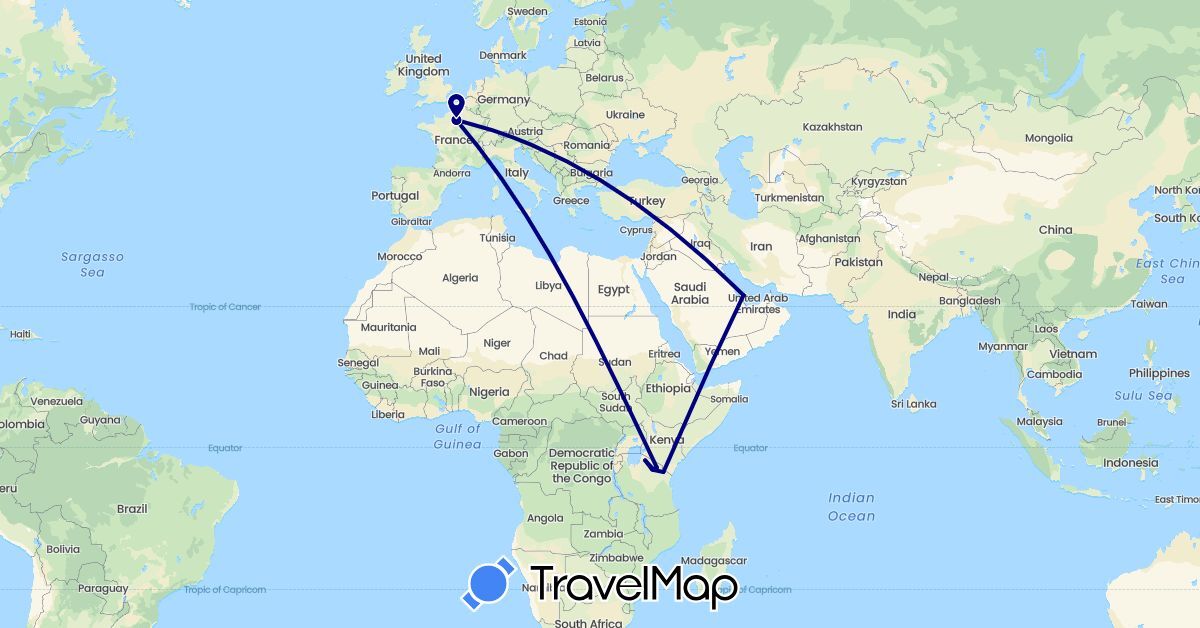 TravelMap itinerary: driving in France, Qatar, Tanzania (Africa, Asia, Europe)